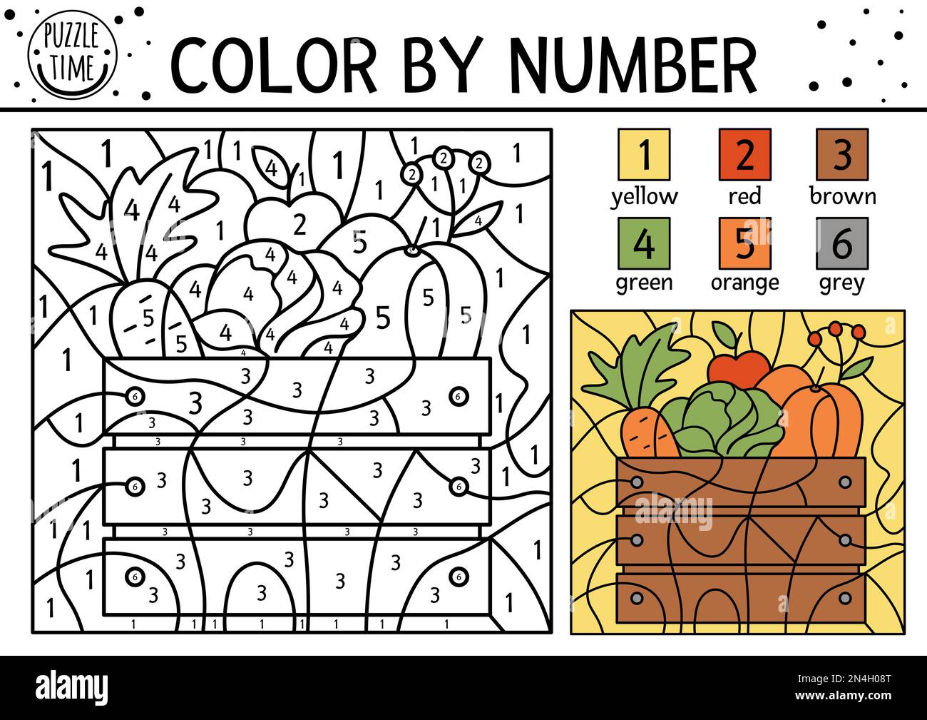 Vector autumn color by number activity with harvest in wooden box fall thanksgiving day or garden coloring and counting game with vegetables funny stock vector image art