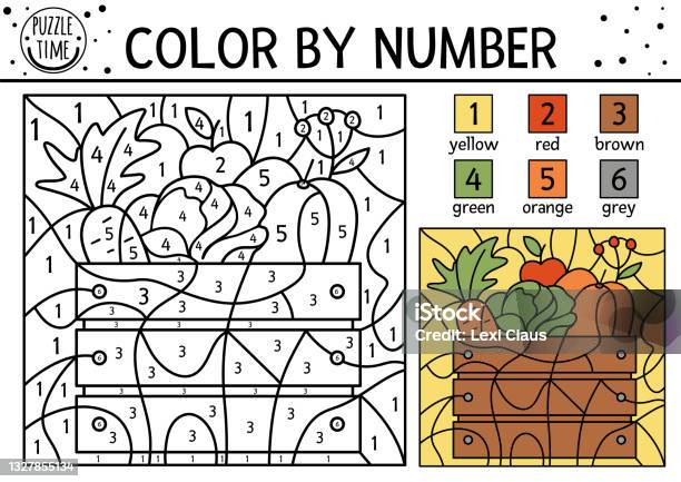 Vector autumn color by number activity with harvest in wooden box fall thanksgiving day or garden