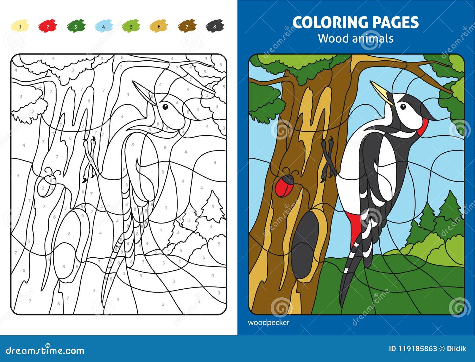 Wood animals coloring page for kids woodpecker in forest stock vector