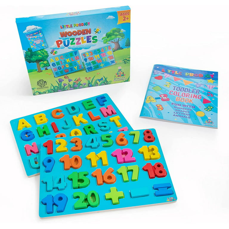 Toddler wood puzzles alphabet and number puzzles with coloring book and storage bag