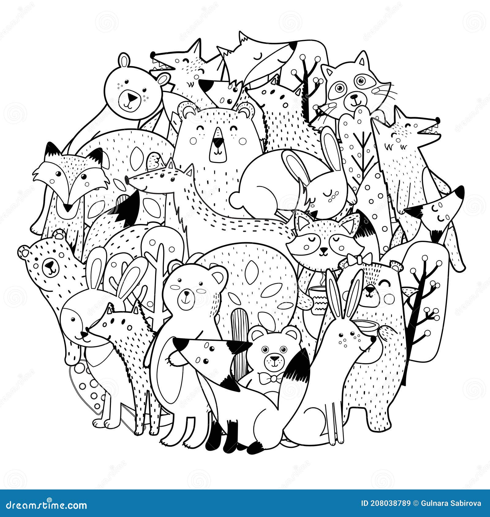 Circle shape coloring page with funny forest characters cute woodland animals stock vector