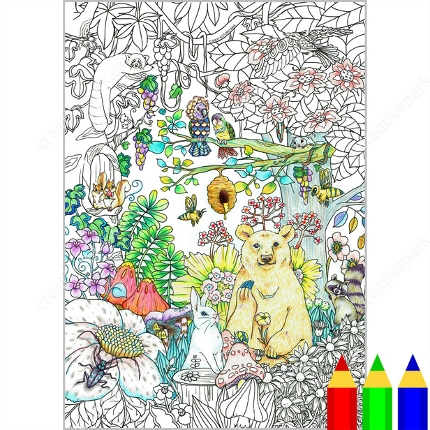 Coloring page botanicals woodland animals
