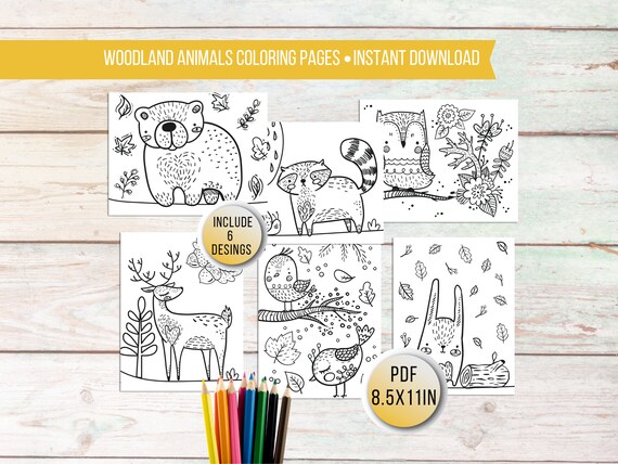 Printable woodland coloring pages for kids kids animal activity woodland animals kids coloring sheets woodland creatures kids party games instant download
