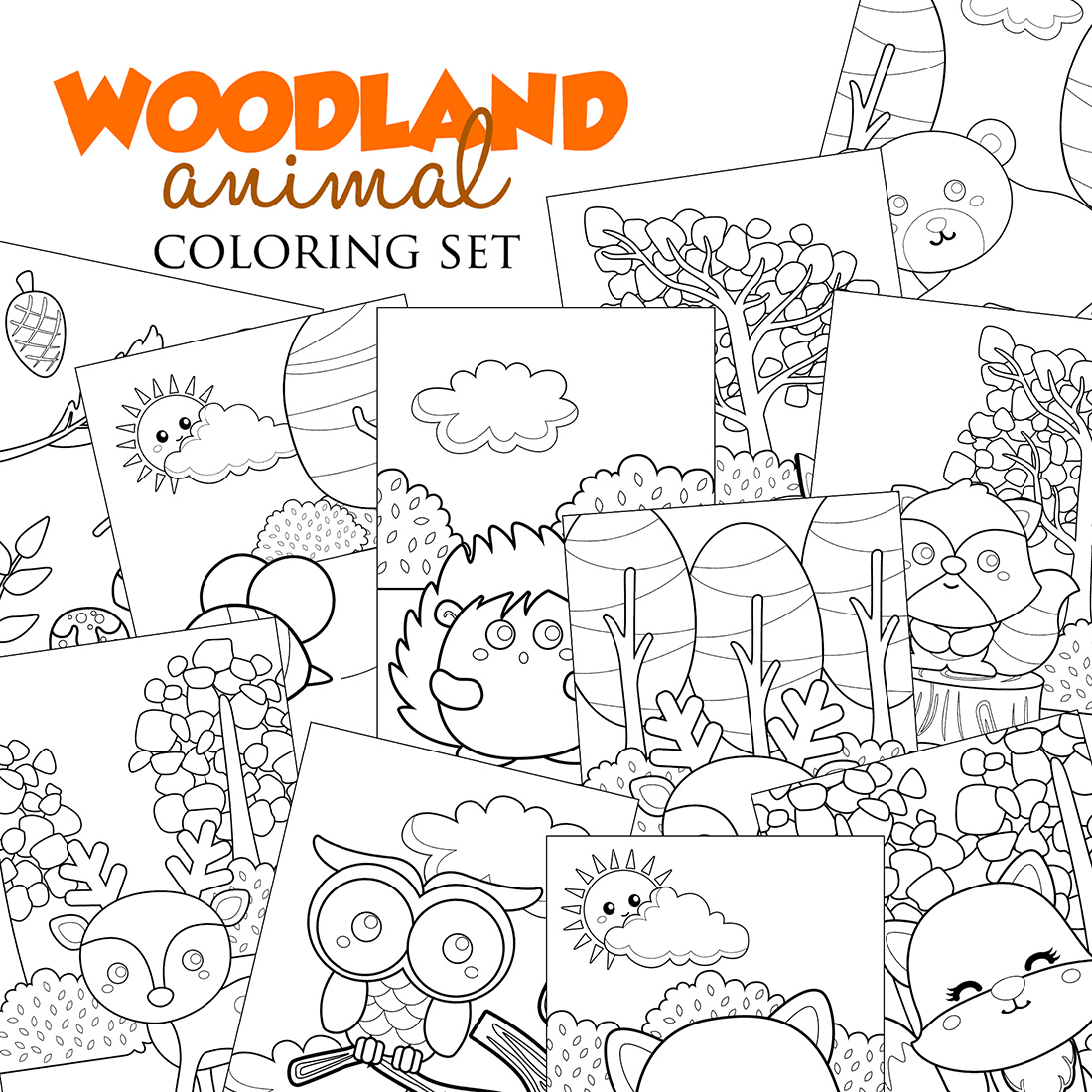 Woodland forest nature animals owl bear fox deer porcupine coloring pages for kids and adult