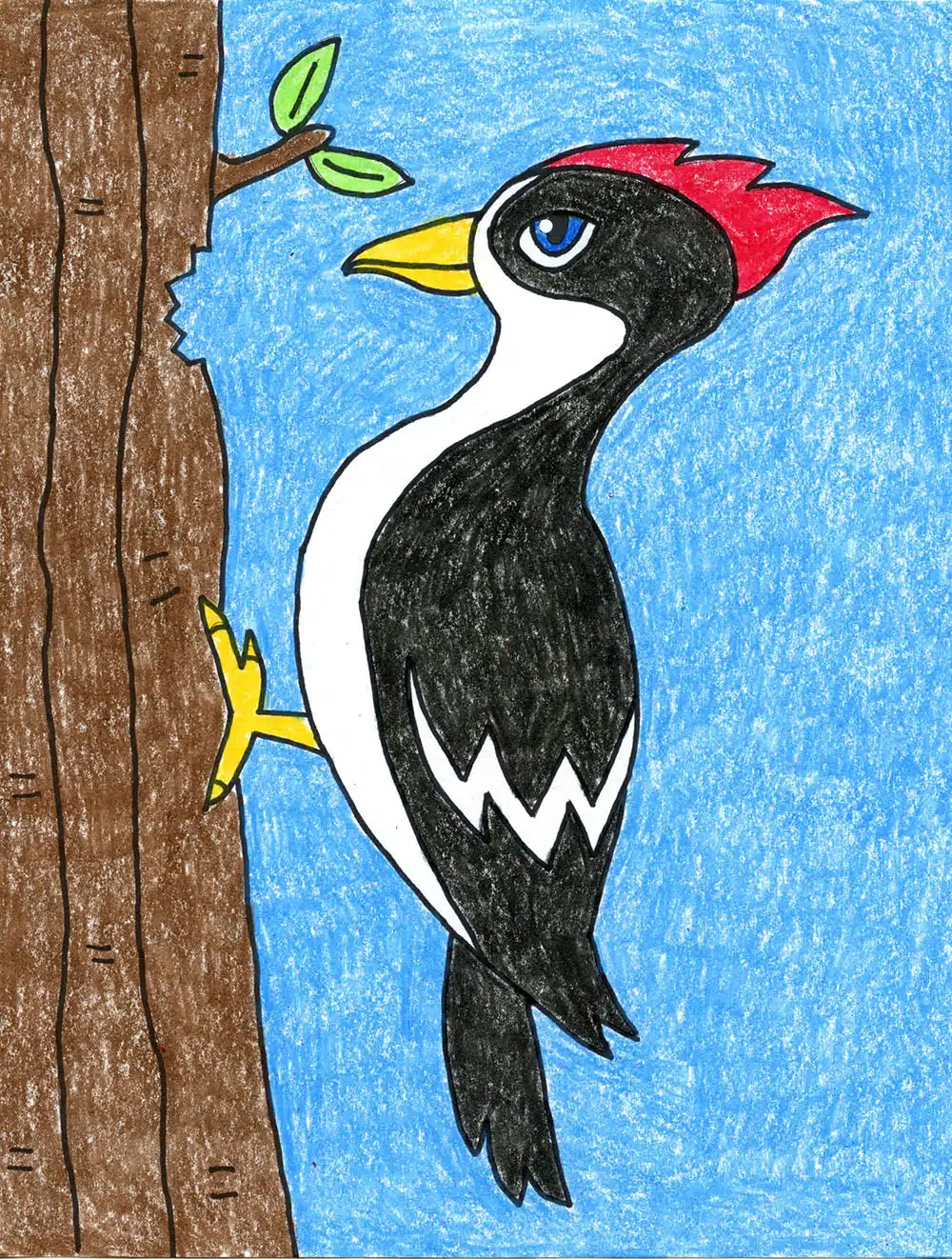 Easy draw a woodpecker tutorial and woodpecker coloring page