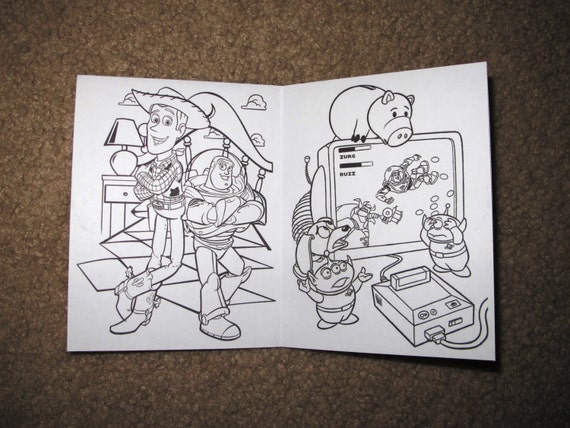 Pdf file toy story inspired mini coloring pages booklet personalized customized birthday party favors digital buzz woody jessie bullseye