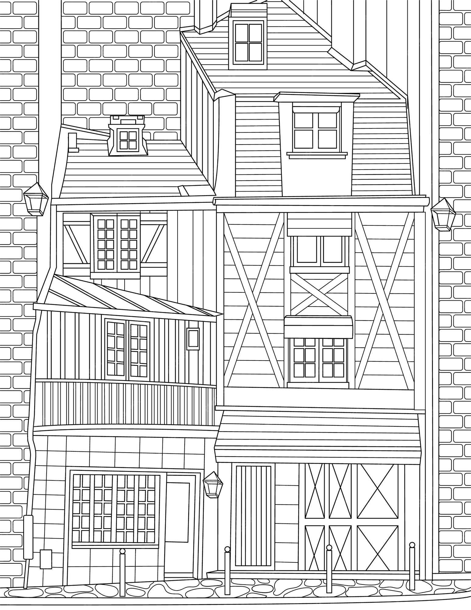 Premium vector coloring page with big old wooden house with lanterns around sheet to be colored with huge building made by wood with lots of windows woody home with lamps