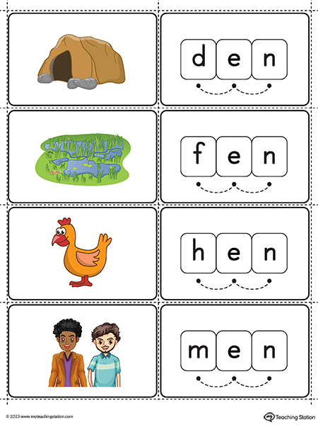 En word family cvc small picture cards printable pdf color