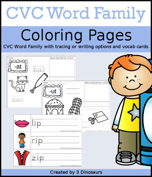 Cvc word family coloring pages with vocab cards by dinosaurs tpt
