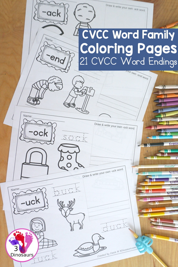 Cvcc word family coloring pages printables dinosaurs