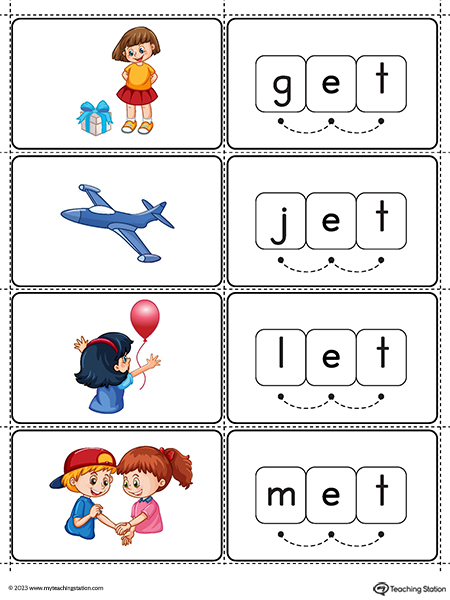 Et word family cvc small picture cards printable pdf color