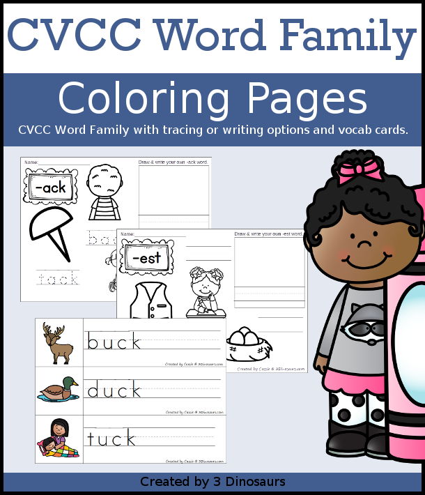 Cvcc word family coloring pages printables dinosaurs