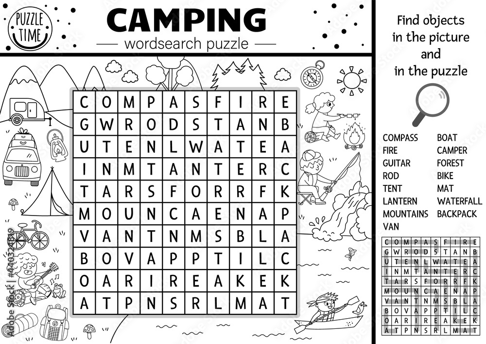 Vector black and white camping wordsearch puzzle simple forest summer camp outline crossword or coloring page educational keyword activity with kids fishing hiking playing guitar vector
