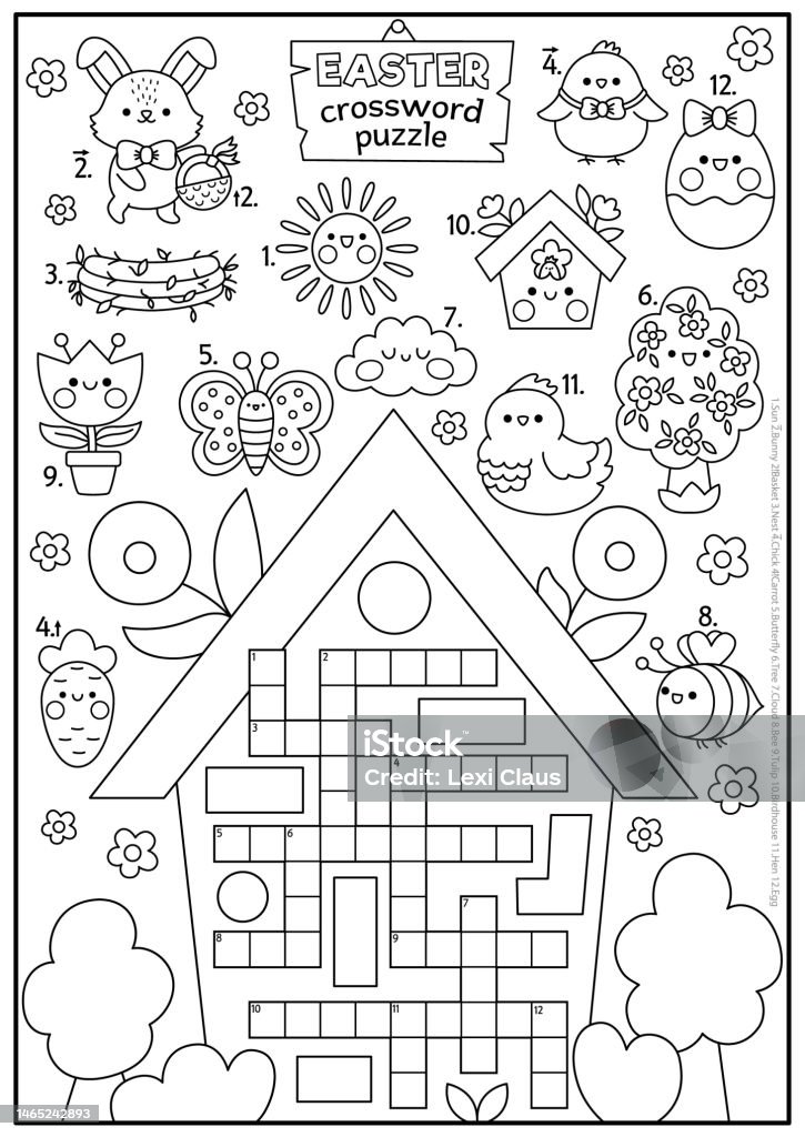 Vector black and white easter country house shaped crossword puzzle for kids spring holiday line quiz coloring page with kawaii symbols cute garden english language cross word with bunny stock illustration