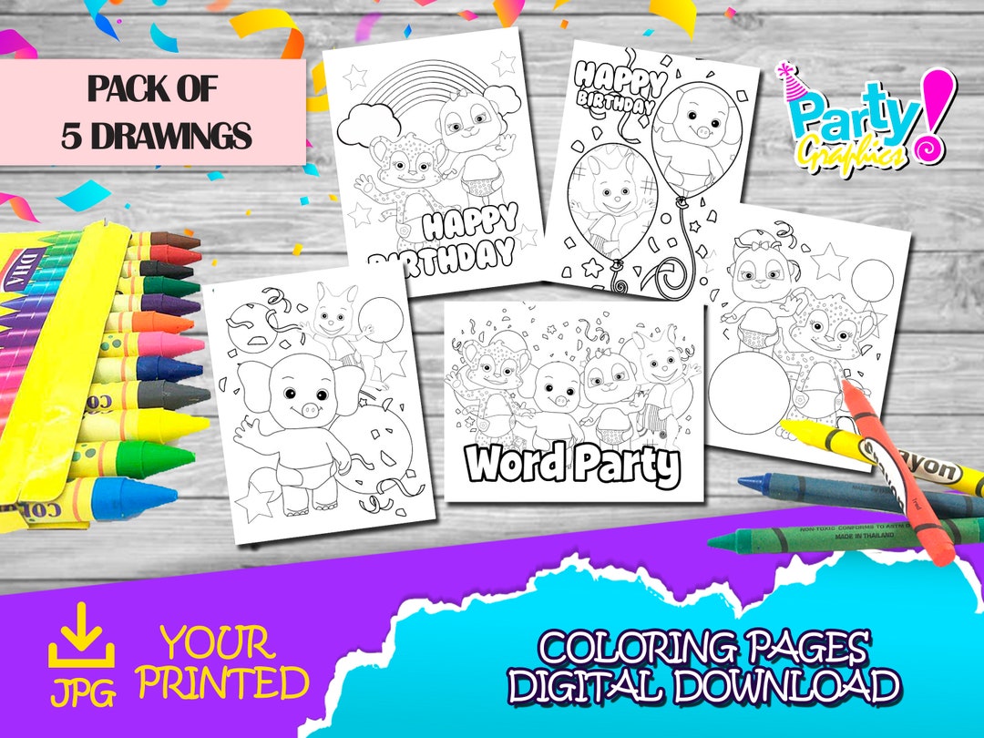 Word party coloring packs word party birthday party instant download digital download