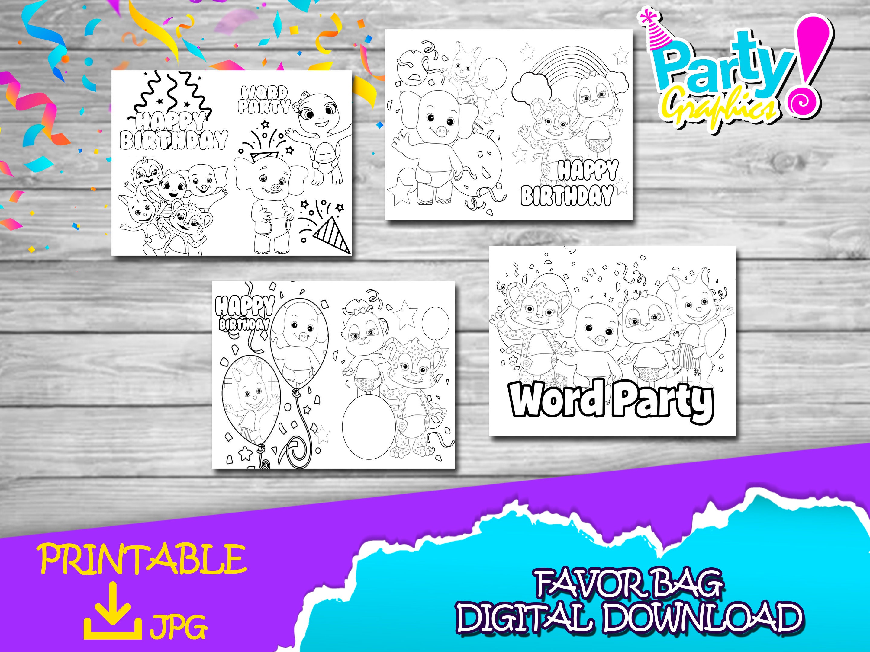 Word party coloring book x inches x inches per page after folding word party boy word party girl digital download