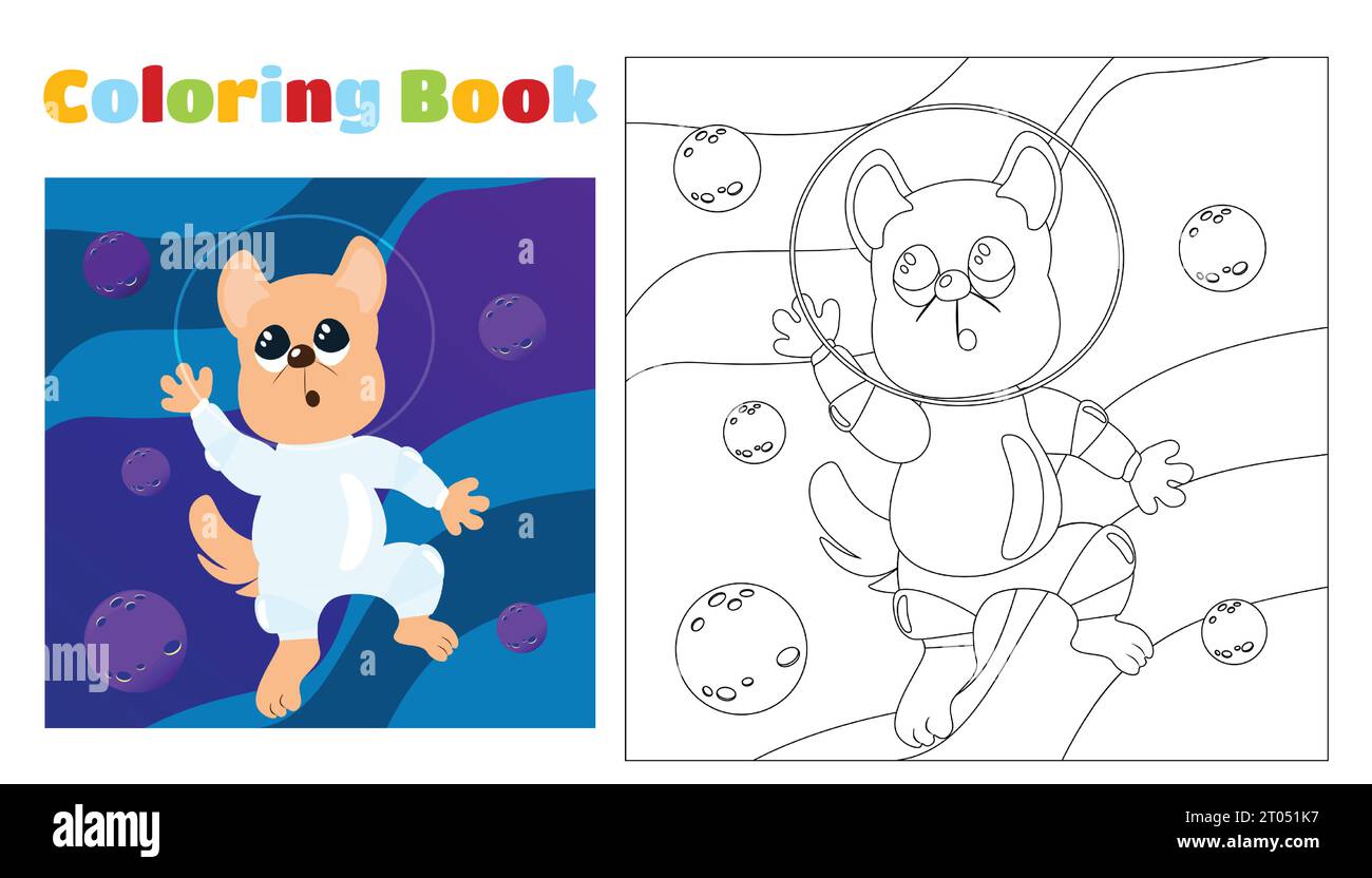 Coloring book for children cute dog in space in a space suit and a helmet among the planets pages for kindergarten or elementary school stock vector image art