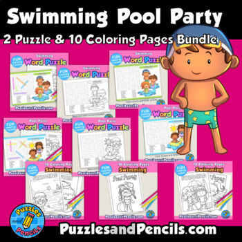 Swimming pool party word search puzzles coloring pages bundle