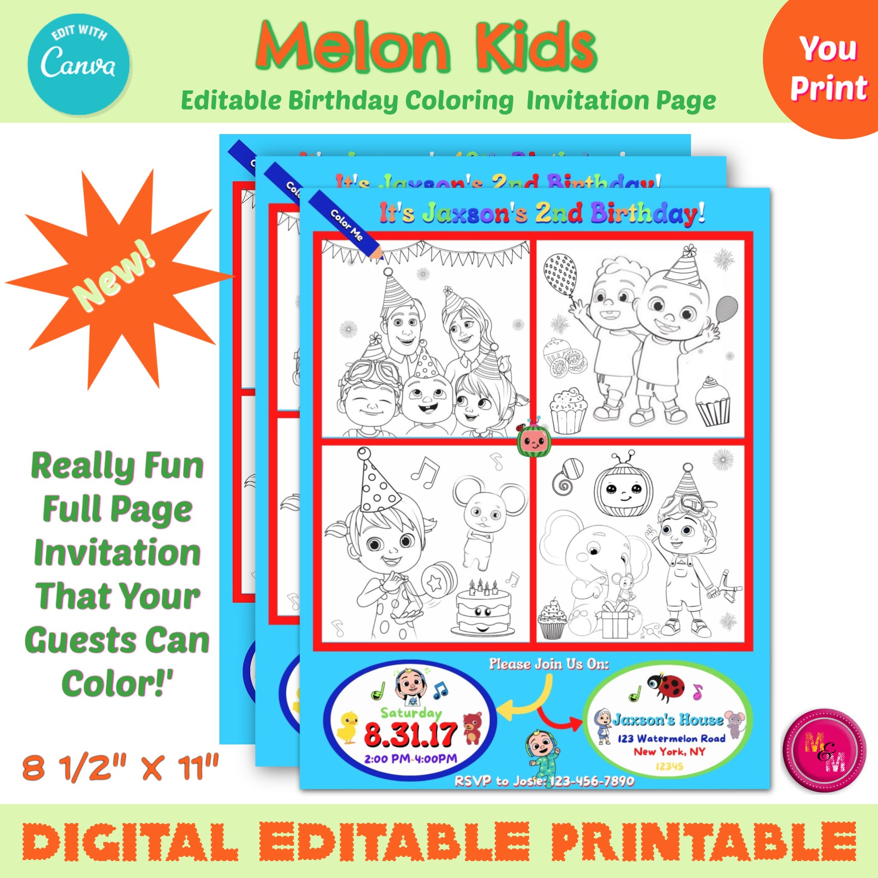 Editable melon kids coloring page invitation melon kids invitation b â mugmouse designs