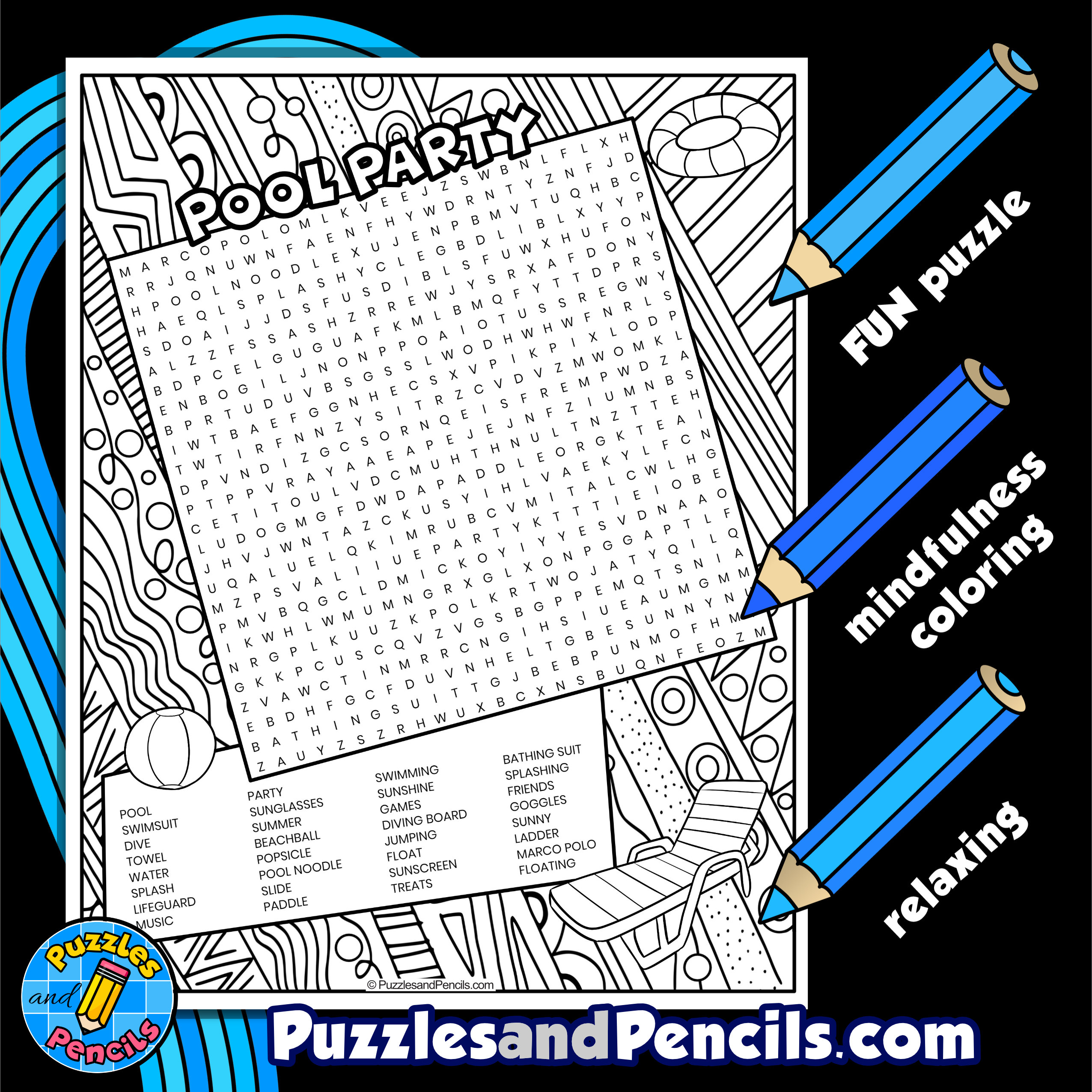 Pool party word search puzzle with coloring summer wordsearch made by teachers
