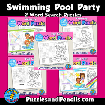 Swimming pool party word search puzzles coloring pages bundle