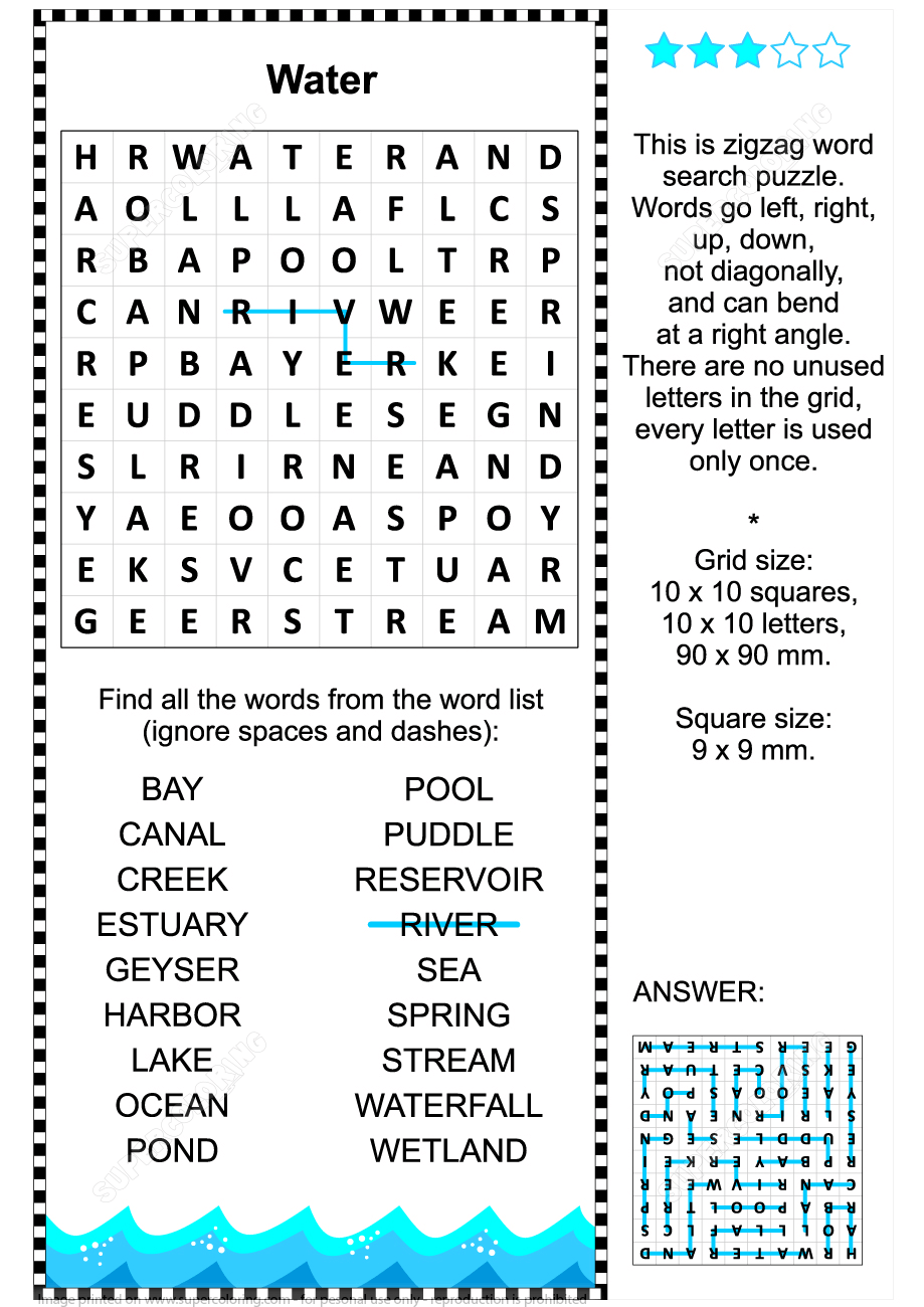 Water themes zigzag word search puzzle for children and adults free printable puzzle games