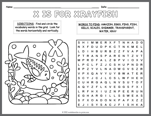 Xrayfish word search coloring page
