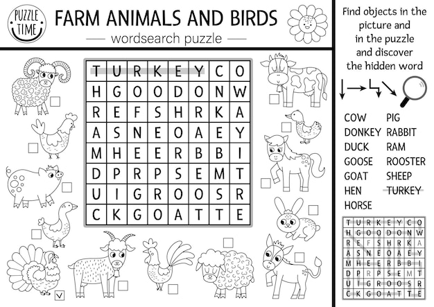Premium vector vector farm animals and birds black and white wordsearch puzzle for kids simple on the farm word search line quiz country educational activity with cow hen pig rural crossword