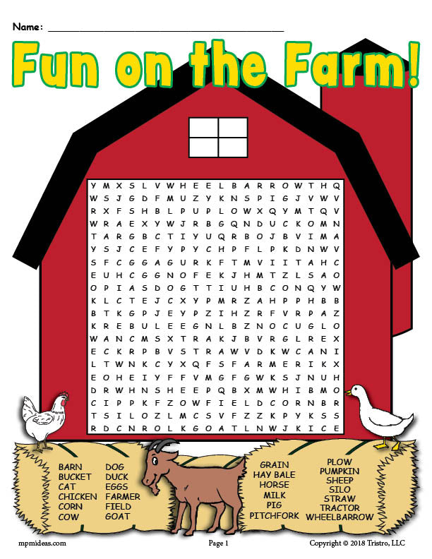 Printable fun on the farm word search