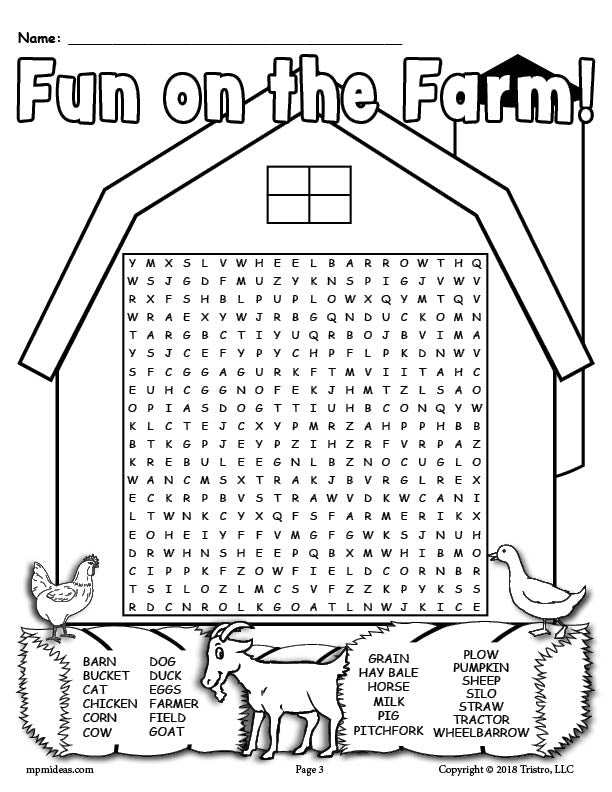 Printable fun on the farm word search