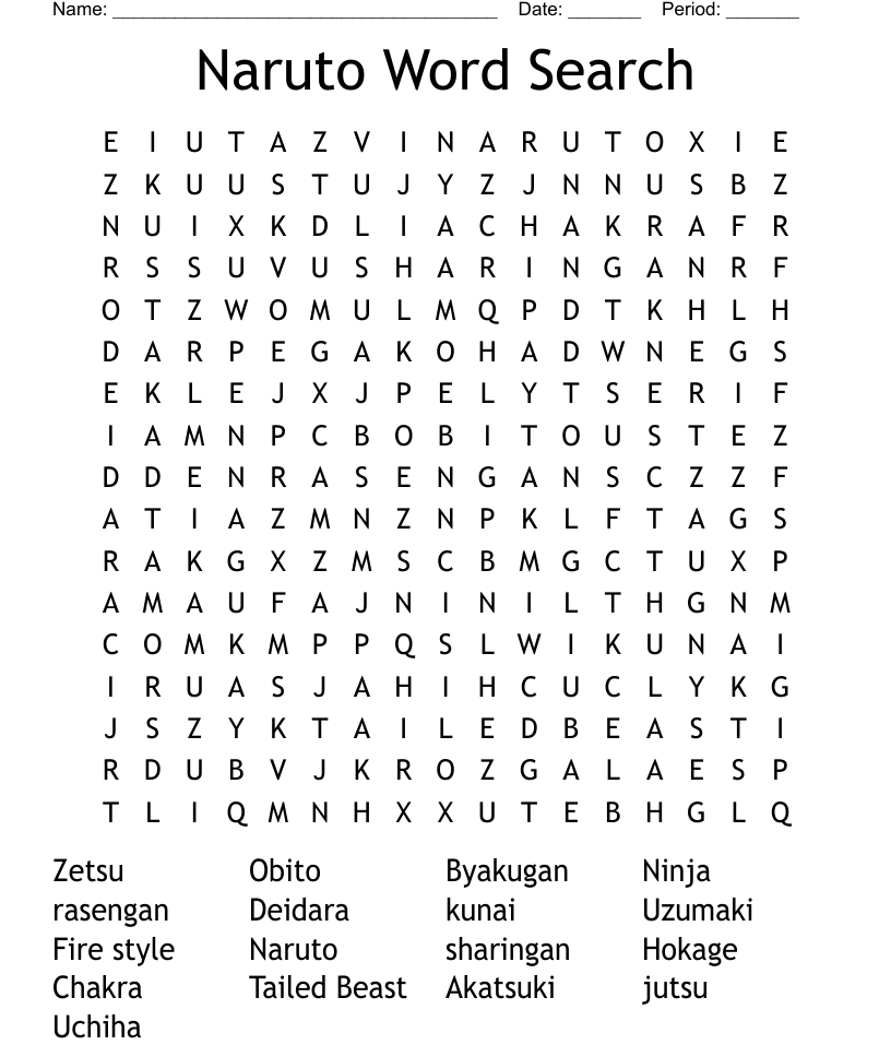 Anime manga crosswords word searches bingo cards