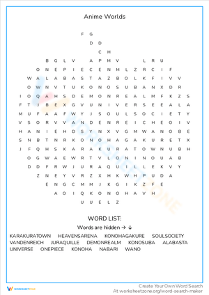 Printable online anime word search collection