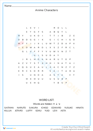 Printable online anime word search collection