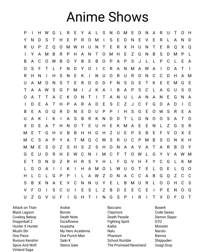 Anime shows word search