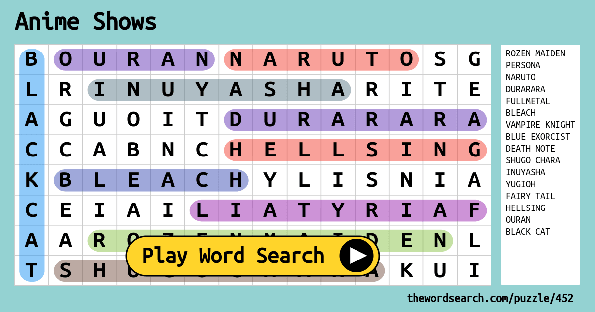 Anime shows word search