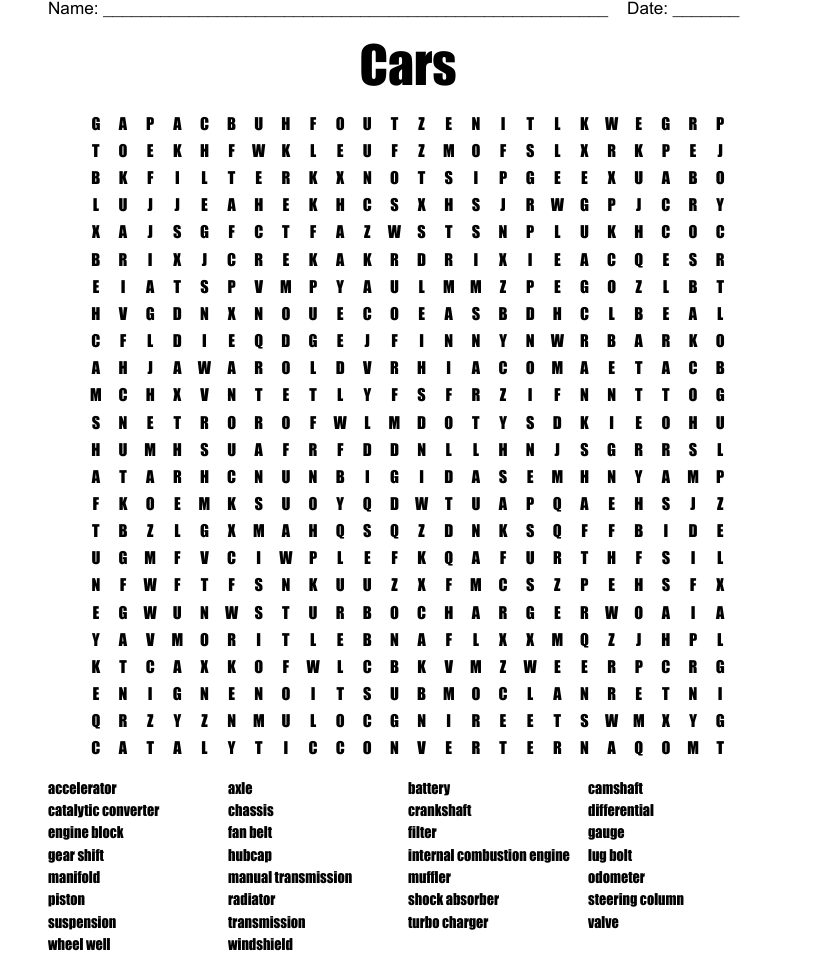 Parts of a car word search