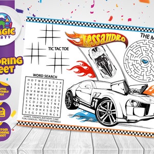 Race cars coloring sheet party activity birthday printable placemat personalized not instant download digital file
