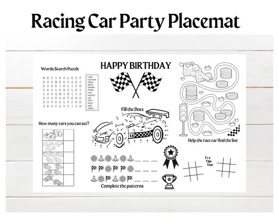 Racing car party placemat printable formula party coloring page cars birthday activity table mat car race party games
