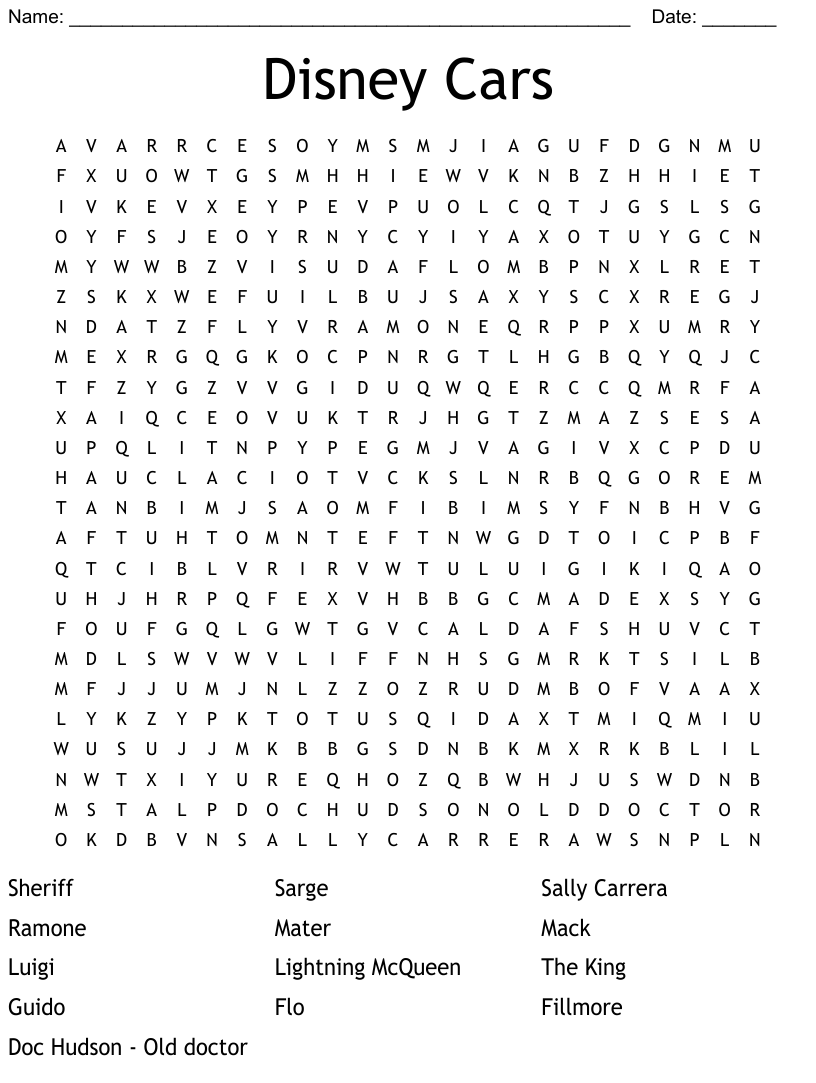 Disney cars word search