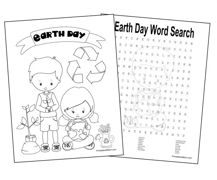 Earth day coloring page and word search