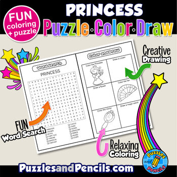 Princess word search puzzle and coloring activity page puzzle color draw