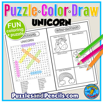 Unicorn word search puzzle and coloring activity page puzzle color draw