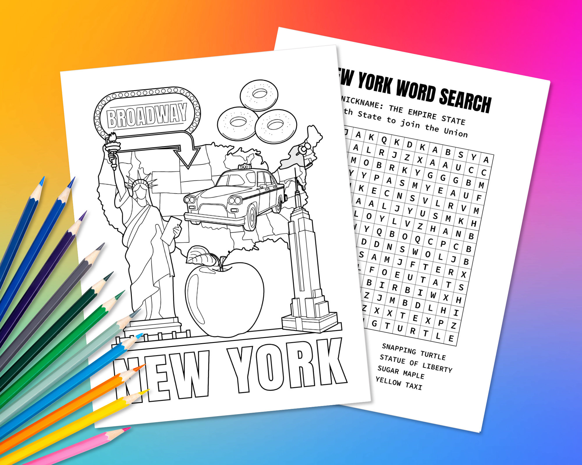 State of new york usa coloring page word search puzzle fun geography activity for kids educational color in united states map