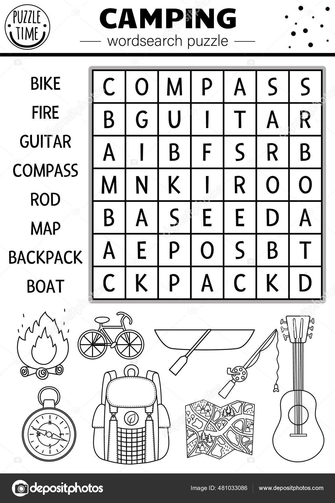 Vector black white camping wordsearch puzzle simple forest summer camp stock vector by lexiclaus