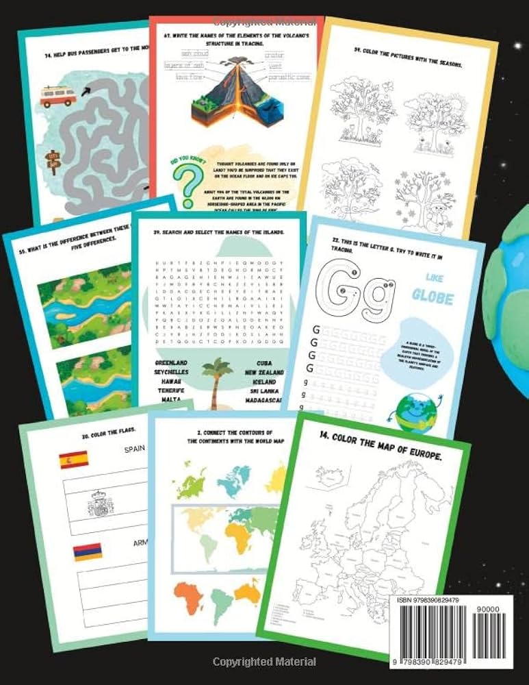Geography coloring book workbook for preschoolers schoolchildren and more kids activity book about earth with word search writing by tracing mazes matching puzzles cut and trivia jerzevski anette books