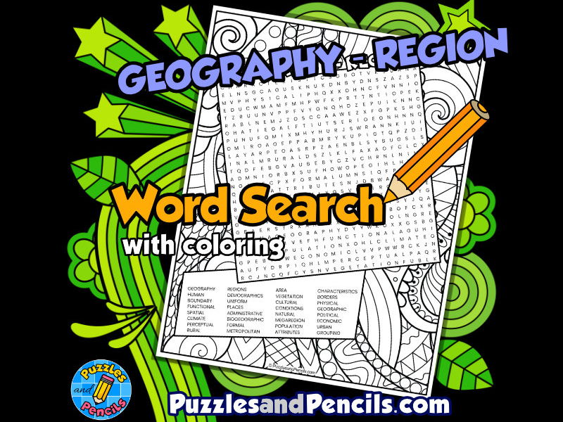Region word search puzzle with colouring five themes of geography teaching resources