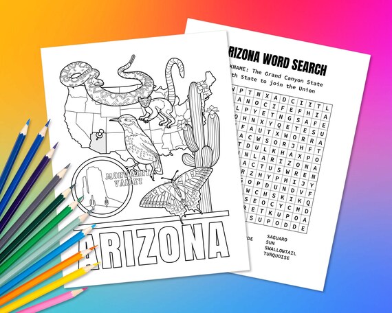 State of arizona usa coloring page word search puzzle fun geography activity for kids educational color in map of the united states