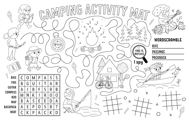 Premium vector vector camping placemat summer camp holidays printable activity mat with maze tic tac toe charts connect the dots wordsearch black and white play mat or coloring page with cute