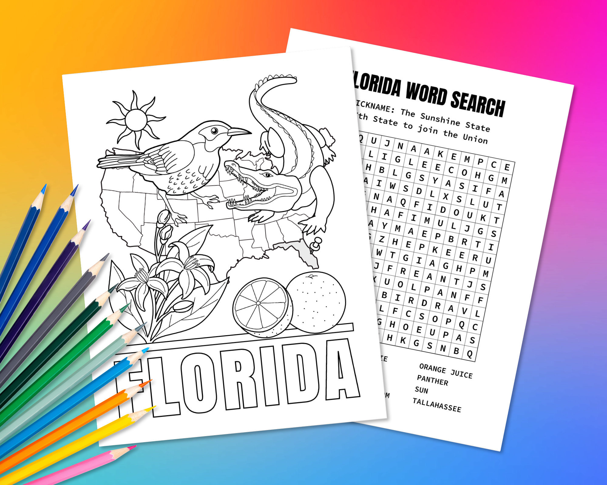 State of florida usa coloring page word search puzzle fun geography activity for kids educational color in map of the united states