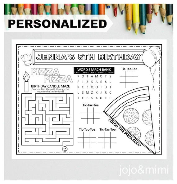 Personalized pizza happy birthday printable placemat activity birthday coloring page kids birthday party placemat pizza party